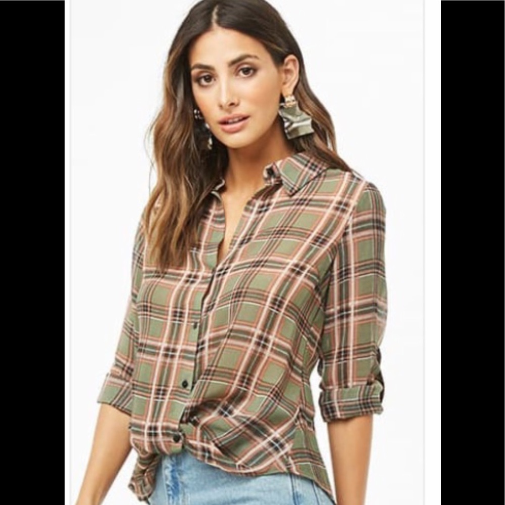Lulumari Forever 21 Olive Plaid Top Size L Blouse